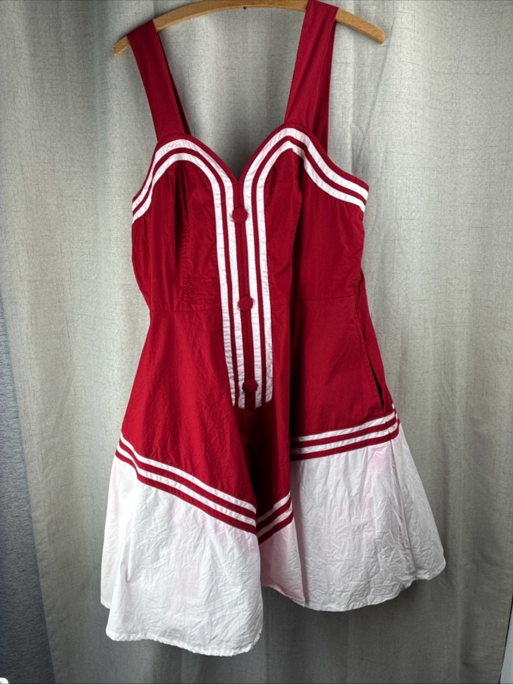eShakti Cherry Red Dress M Tomato Girl Whimsi Art Deco Striping Retro Cheer FLAW